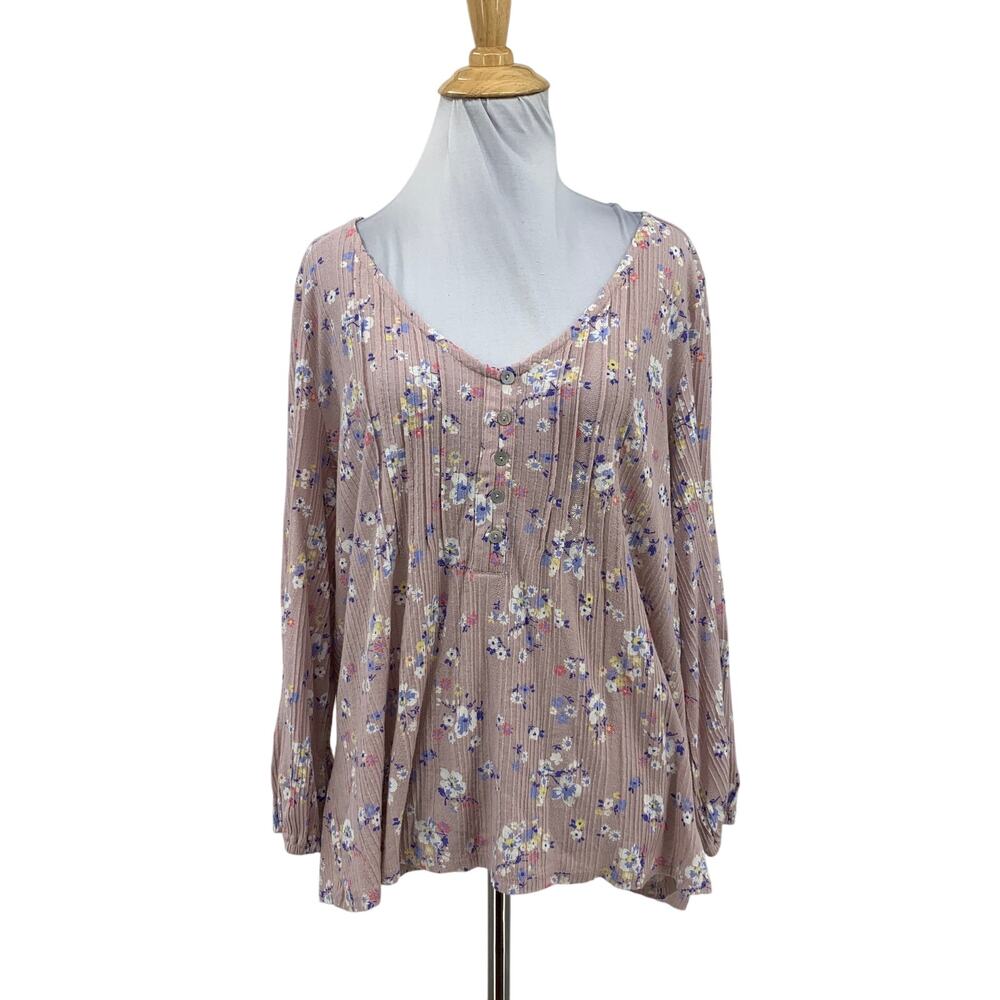 Lucky Brand Blouse Womens L Large Dusty Pink Floral Printed Peasant V Neck Boho